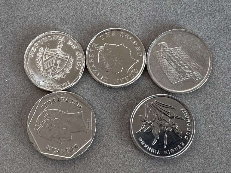 5 FOREIGN COINS (2022 EAST CARIBBEAN STATES 10 CENT COIN, 2009 MALAYSIA 10 SEN COIN, 2005 CHINA 1 YEN COIN, 1998 VENEZUELA 20 BOLÍVARES COIN, 2000 CUBA 5 CENTAVOS COIN) - CHECKOUT image