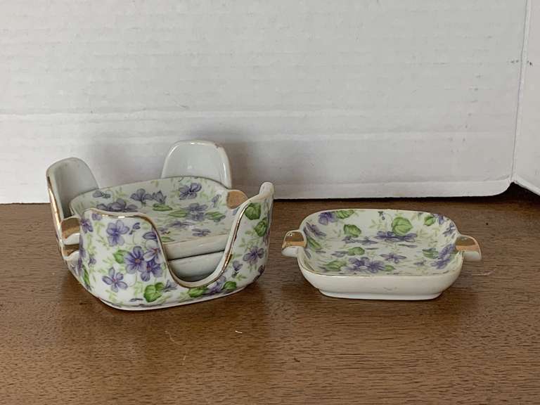 VINTAGE LEFTON "VIOLET CHINTZ" ASHTRAY SET 3 1/2" SQUARE X 1 7/8" TALL image