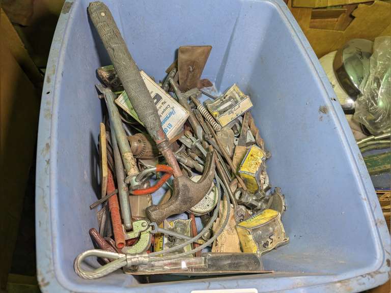 TUB FILLED WITH VINTAGE TOOLS, STEEL CABLE, AND MORE image