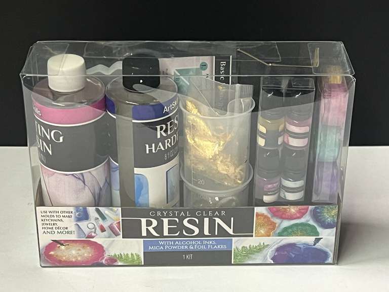 Crystal Clear resin kit with alcohol inks, mica powder, and foil flakes. See pictures for details. image