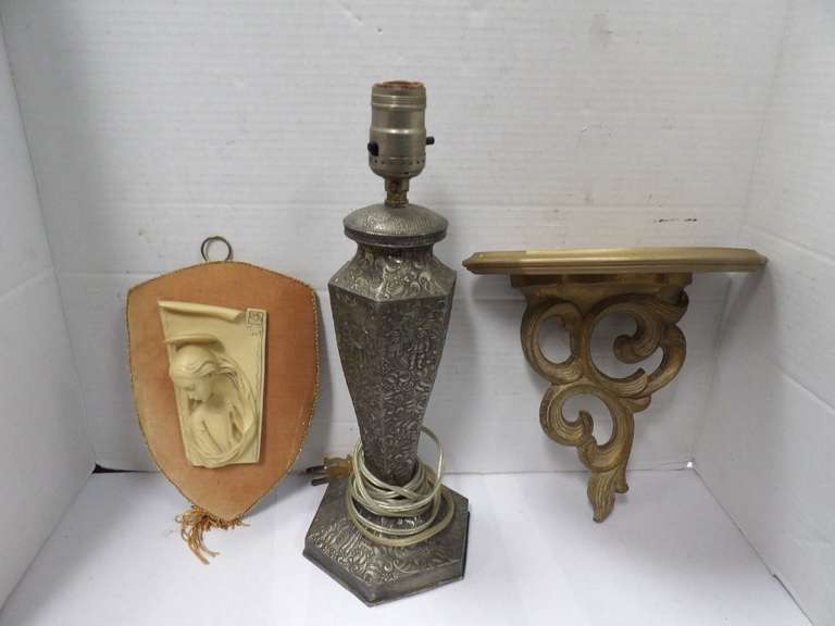 VINTAGE LAMP, WALL SHELF, AND DECORATIVE WALL PLAQUE image