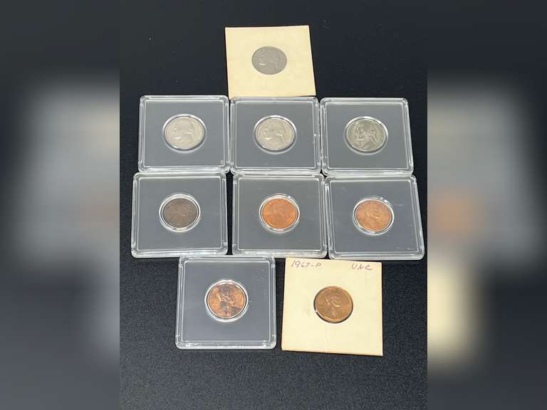 Assorted nickel and penny coins, includes a 1944 wheat penny, see pictures for details. image