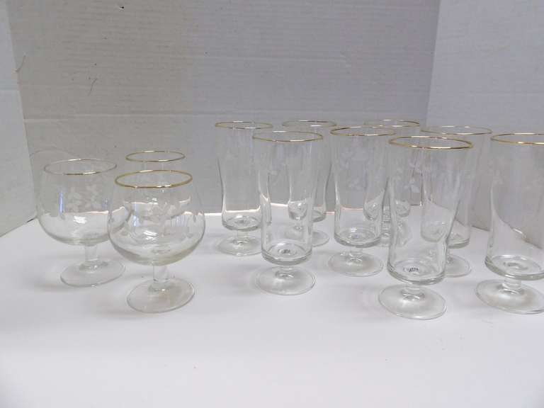 MIX LOT OF GOLD RIM GLASSES WITH ETCHED FLOWERS image