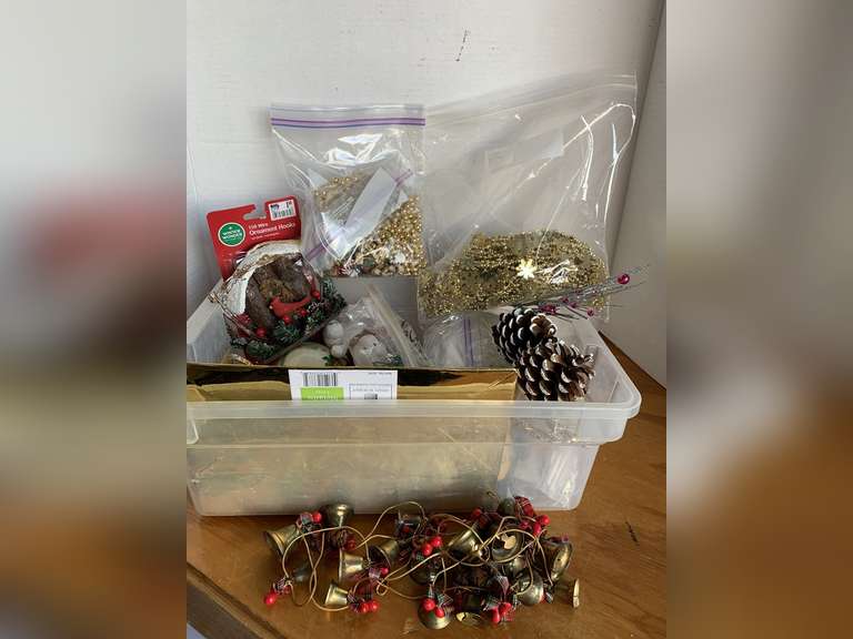 CONTAINER FULL OF CHRISTMAS GARLAND, ORNAMENTS & MORE (CONTAINER INCLUDED) image