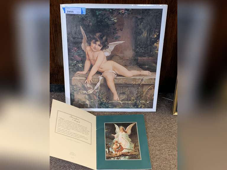 LARGE FRAMED LITHOGRAPH BY E. MUNIER "CUPID AT REST" 17X21 & 8 FRAMEABLE GUARDIAN ANGEL PRINTS 9X12 image