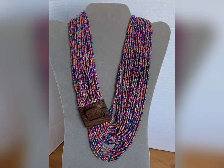 BOHO 32 STRAND HANDCRAFTED COLORFUL BEADED NECKLACE WITH WOOD CLASP 20" LONG - CHECKOUT image