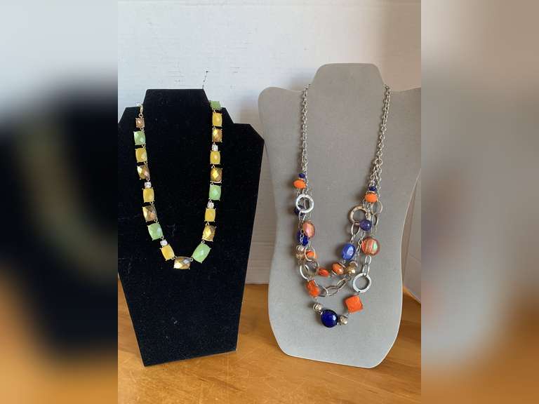 NICE NAPIER GOLD TONE NECKLACE W/ FACETED FAUX STONES 18" LONG & TRIPLE STRAND SILVER TONE CHAIN NECKLACE W/ SHELL & MIXED FAUX BEADS 25" LONG - CHECKOUT image