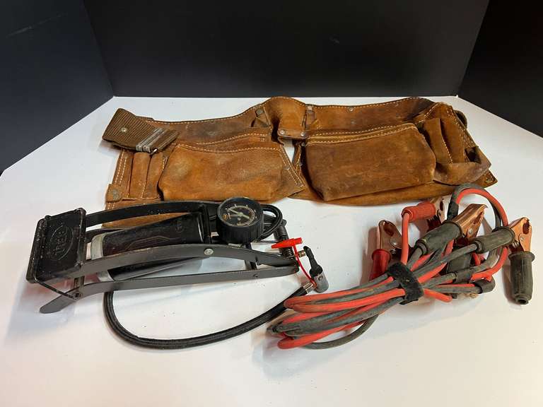 Leather tool pouches with belt, small jumper cables, and foot pump. See pictures for details. image