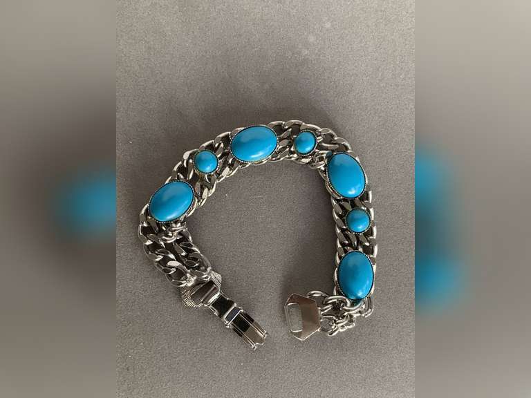 VINTAGE SILVERTONE DOUBLE CHAIN LINK BRACELET WITH FAUX CABOCHON TURQUOISE STONES - CHECKOUT image