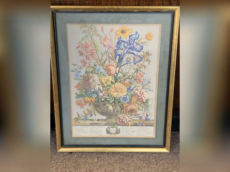 ANTIQUE "JUNE FLOWERS" ART BY H. FLETCHER HAND COLORED ENGRAVING FRAMED/MATTED 15X19 image