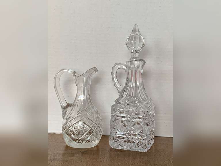 VINTAGE LEAD CRYSTAL TALL CRUET W/ STOPPER 9" TALL & SMALL LEAD GLASS CRUET 6" TALL image