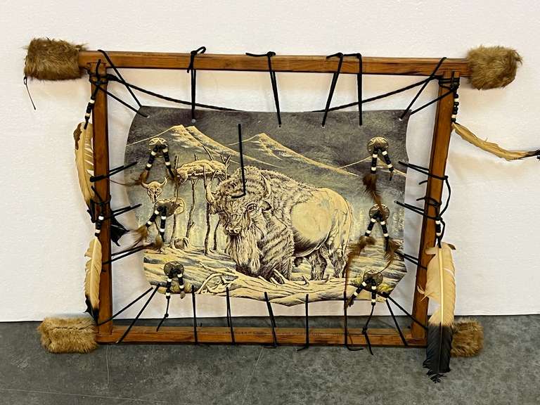 Native American mixed media artwork and embellished with beads and feathers, see pictures for details. image