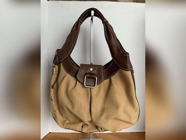 FOSSIL SATCHEL HOBO BAG BURLAP FABRIC/LEATHER TRIM image