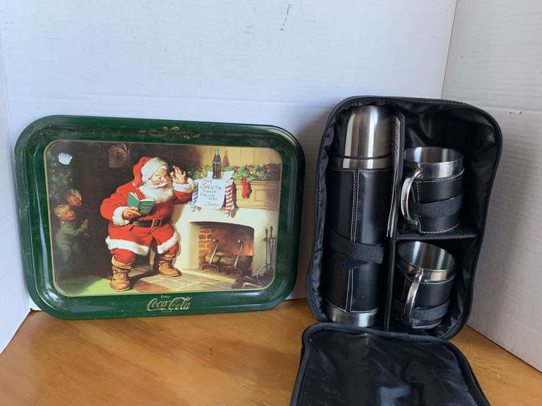 COCA-COLA TRAY 14" X 10 1/2" & NEW 3 PIECE THERMAS SET W/ CARRYING CASE image