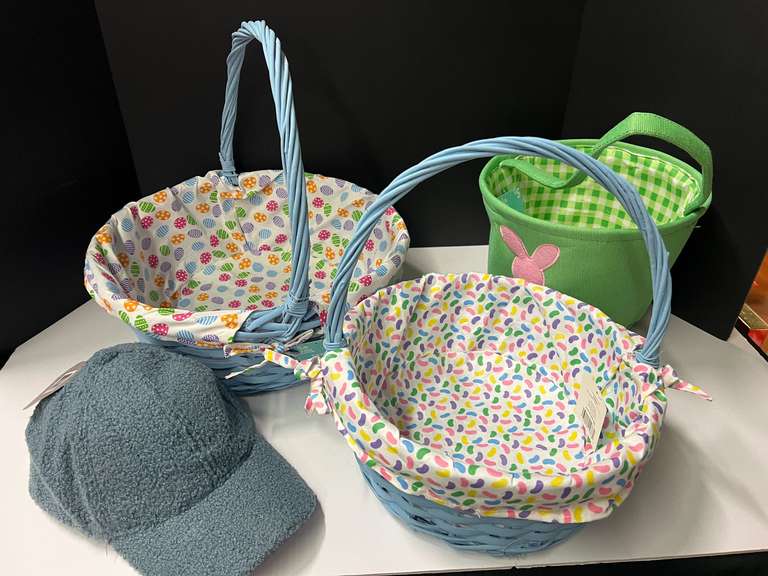 Decorative lined Easter baskets, three pieces, also includes a Sherpa hat, see pictures for details. image
