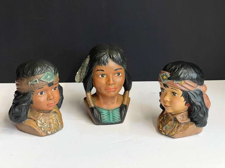 Ceramic Native American busts, set of three, see pictures for details. image