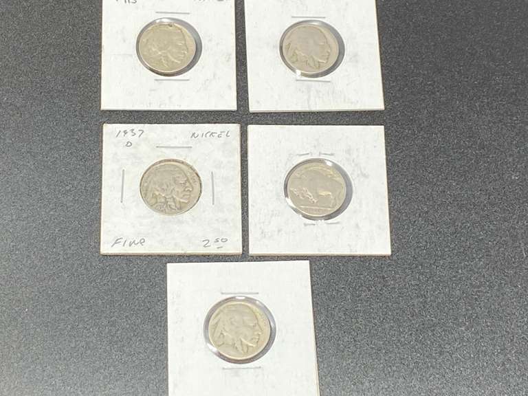 Buffalo nickels, five pieces, includes a 1937D, and a 1913, see pictures for details. image