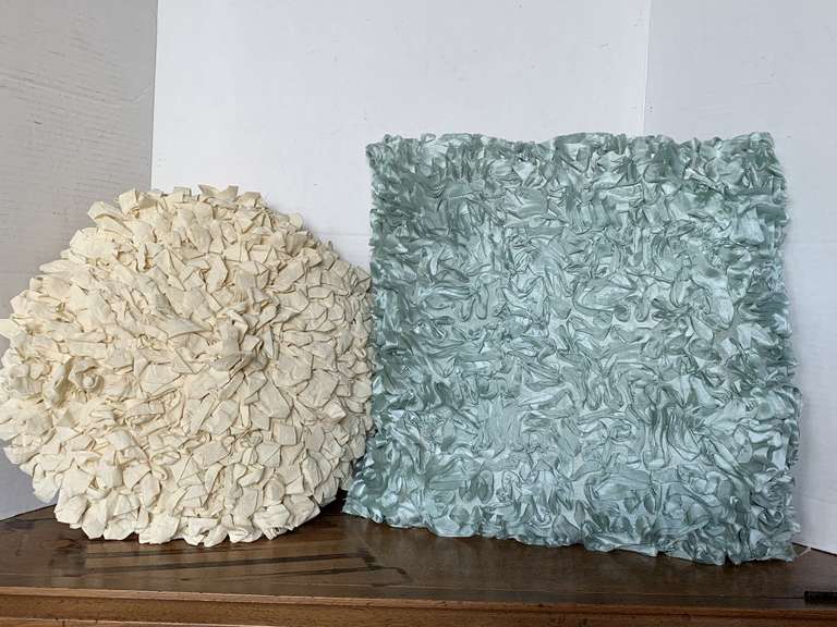 18X18 TURQUOISE REVERSIBLE SATIN THROW PILLOW & ROUND CREAM 14" THROW PILLOW image