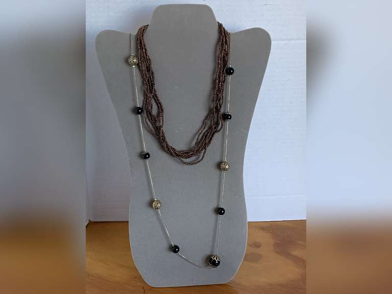6 STRAND COPPER GLASS BEAD CHOKER 16" LONG & LONG GOLD TONE CHAIN NECKLACE W/ BLACK/GOLD BEADS 36" LONG - CHECKOUT image