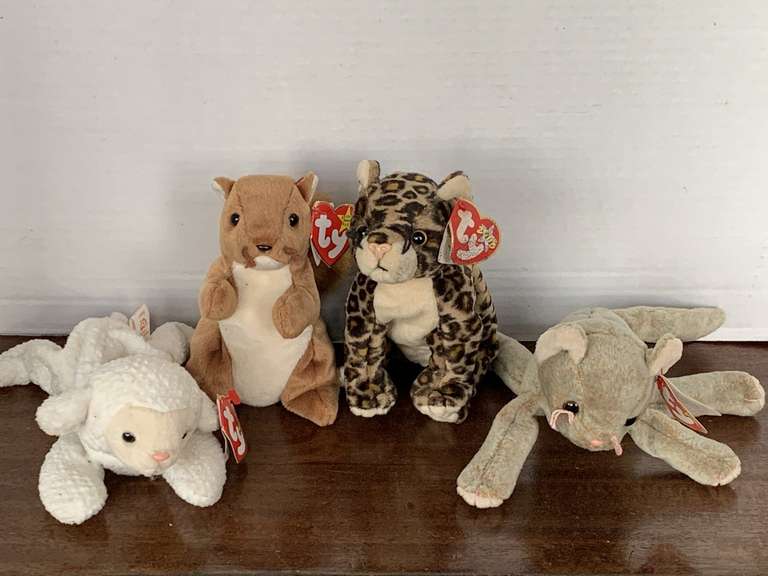 4 TY BEANIE BABIES (1996 FLEECE, 1998 SCAT W/ TAG ERROR, 2000 SNEAKY, 1996 NUTS) image