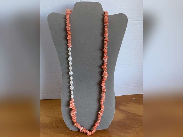 BEAUTIFUL FRESHWATER PEARL & PEACH COLORED CORAL NECKLACE 30" LONG - CHECKOUT image