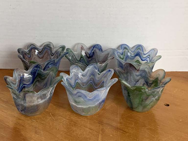6 BLUE/GREEN ART GLASS VOTIVE HOLDERS image