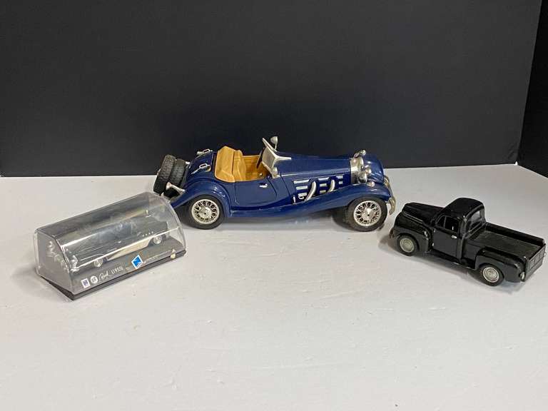 1936 Mercedes-Benz 500 K roadster replica, 1/20 scale, also includes a 1955 Buick convertible replica with display case, and a 1948 Ford F1 replica, see pictures for details. image