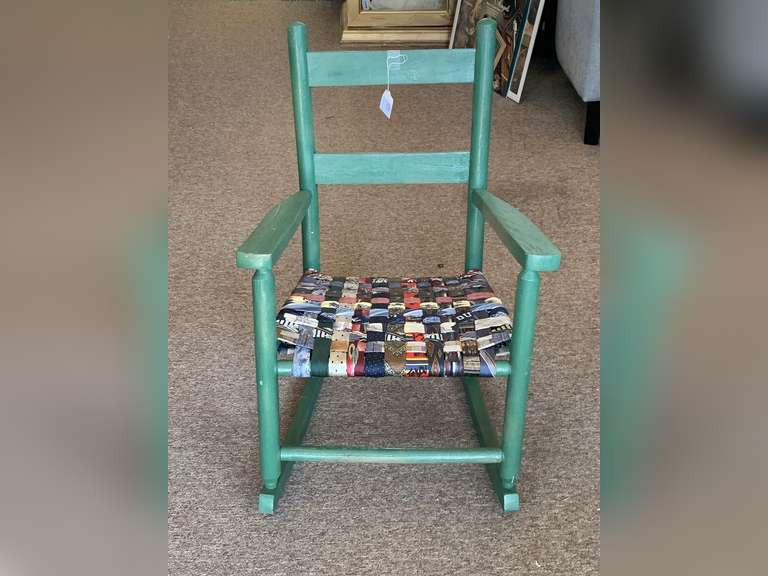 PAINTED TODDLER ROCKING CHAIR WITH SEAT MADE FROM OLD MEN'S TIES 15" WIDE X 24" TALL X 20" DEEP image