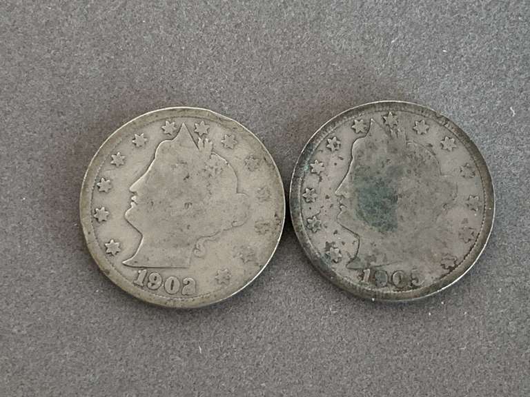 2 LIBERTY HEAD V NICKELS (1905, 1902 - WORN) - CHECKOUT image