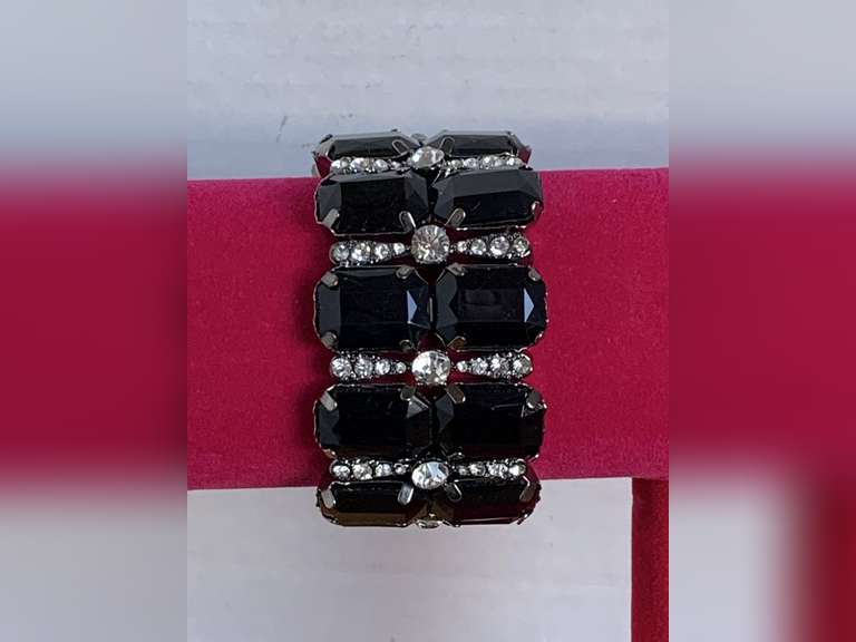 WIDE BLACK GLASS & RHINESTONE STRETCH BANGLE - CHECKOUT image
