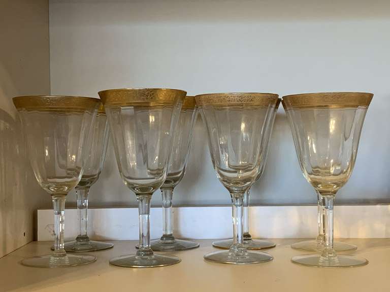 8 ANTIQUE TIFFIN "MINTON" OPTIC GOLD WITH WIDE 22KT GOLD RIM WINE GLASSES image