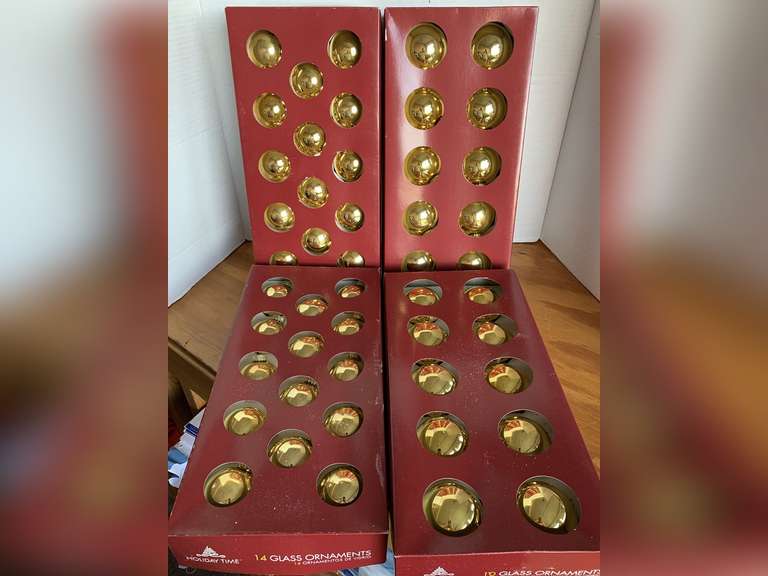 2 BOXES 14 GOLD GLASS BALL ORNAMENTS & 2 BOXES 10 GOLD GLASS BALL ORNAMENTS image