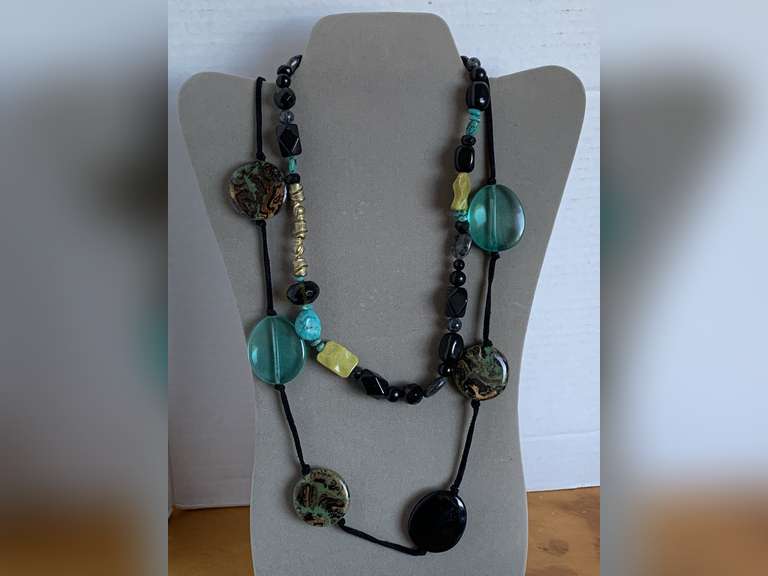 MIXED GLASS BEADED NECKLACE 18" LONG & LONG ROPE NECKLACE W/ TURQUOISE/BLACK DISCS 36" LONG - CHECKOUT image