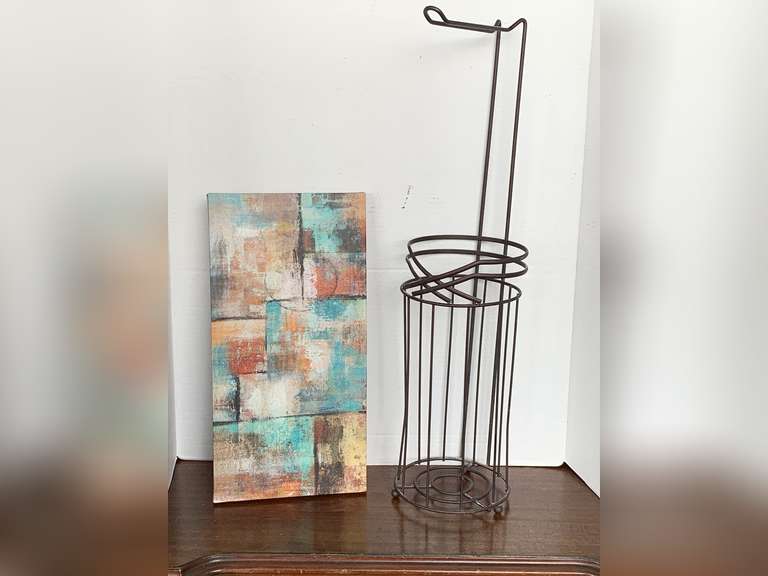 BRONZE METAL TOILET PAPER HOLDER & ABSTRACT ON CANVAS 15 7/8" X 8" image