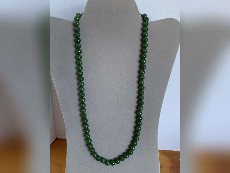 DARK GREEN (APPEARS TO BE JADE OR NEPHRITE) BEADED NECKLACE 23" LONG - CHECKOUT image