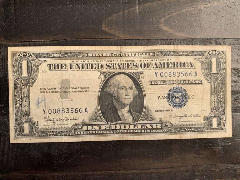 1957B $1 BLUE SEAL SILVER CERTIFICATE WITH 3 DOUBLE NUMBERS - SERIAL NO Y00883566A image