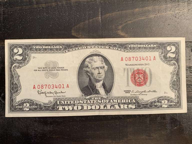 1963 $2 RED SEAL UNITED STATES NOTE (VERY CRISP) - SERIAL NO A08703401A image