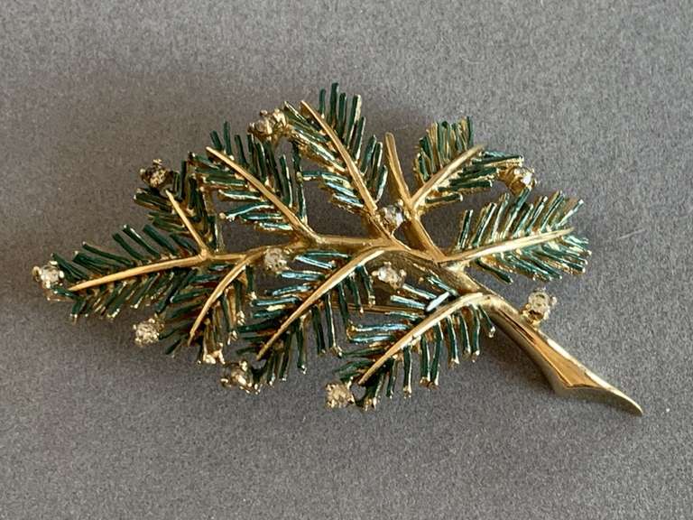 LARGE VINTAGE GOLD TONE TREE BRANCH BROOCH W/ ENAMEL & RHINESTONES - CHECKOUT image