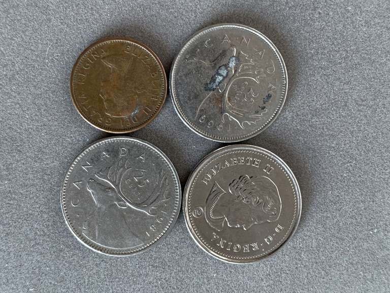 4 CANADIAN COINS - 1981 25 CENT COIN, 2016 25 CENT COIN, 1969 25 CENT COIN & 1961 1 CENT COIN) - CHECKOUT image
