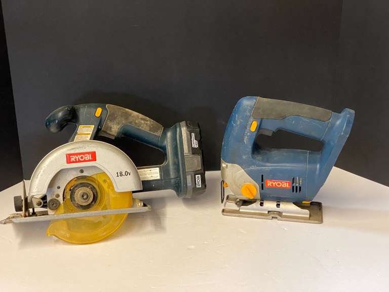 Ryobi cordless trim saw, and jigsaw, comes with battery, no charger, working condition unknown, see pictures for details. image