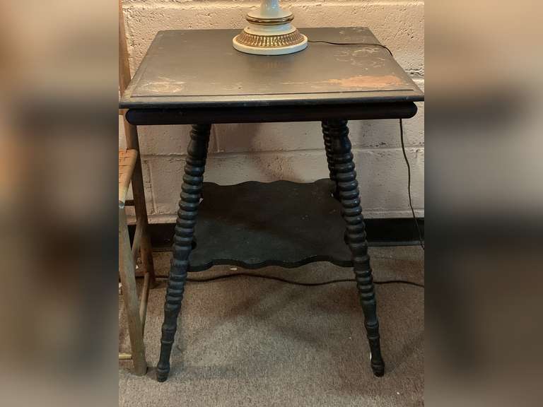 ANTIQUE 2 TIER SQUARE TOP TABLE W/ BOBBIN LEGS 22" SQUARE X 28 1/2" TALL image
