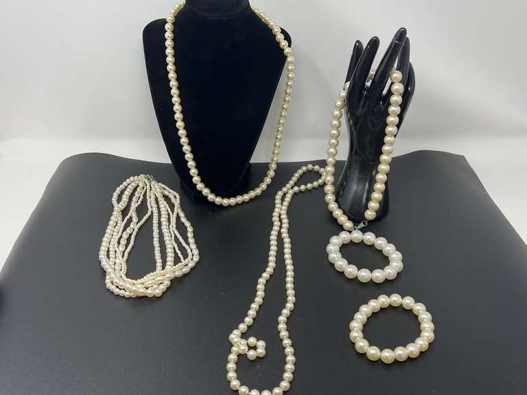 Ladies fashion faux pearl necklaces and bracelets, see pictures for details. image
