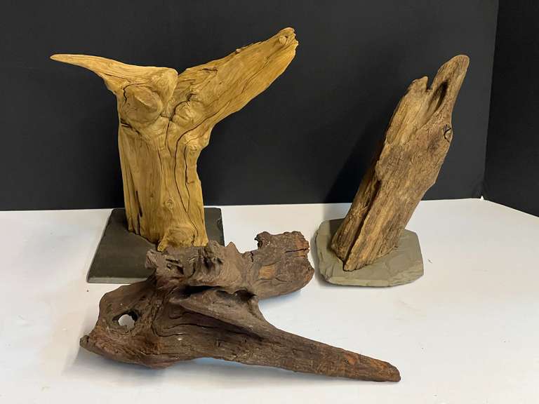 Driftwood, three pieces, two pieces appear to be mounted on slate, see pictures for details. image