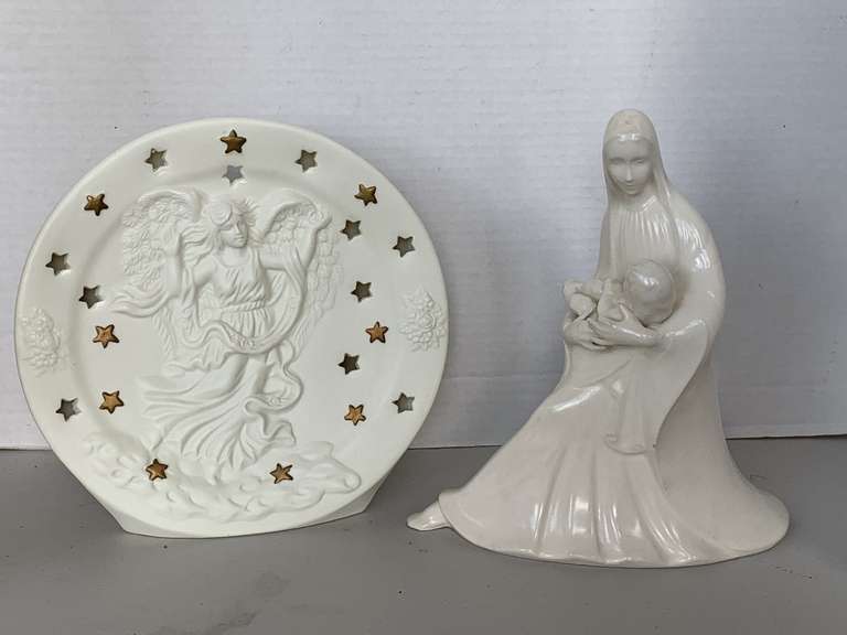 CERAMIC ANGEL VOTIVE 9" ROUND PLATE & CERAMIC MARY/JESUS STATUE 9" TALL image