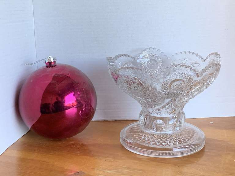VINTAGE PRESSED GLASS FOOTED COMPOTE 8 1/4" ROUND X 6 3/4" TALL & LARGE PINK CHRISTMAS BALL image