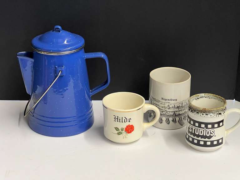 Enamelware coffee pot with three mugs, see pictures for details. image