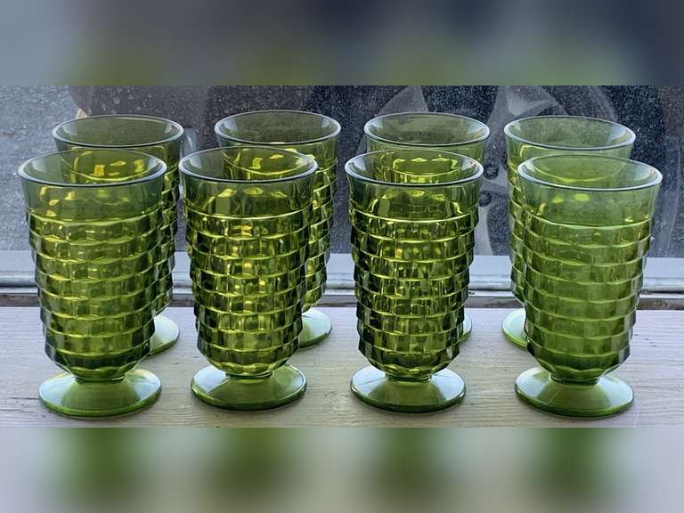 VINTAGE INDIANA GLASS "WHITE HALL CUBIST" OLIVE GREEN - 8 WATER GLASSES image