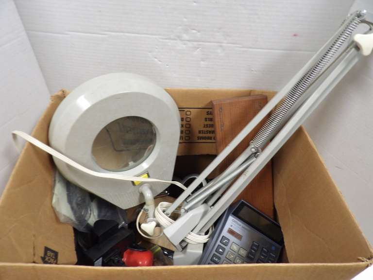 MIXED BOX LOT, MAGNIFIER, CALCULATORS, AND MUCH MORE image