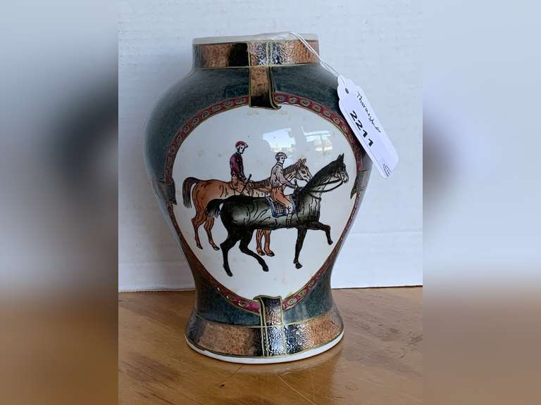 VINTAGE EQUESTRIAN CERAMIC VASE 8 1/2" TALL X 6" ROUND image