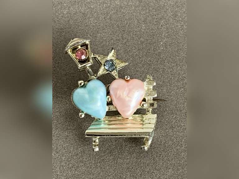 VINTAGE SILVERTONE PARK BENCH BROOCH W/ PINK & BLUE HEARTS - CHECKOUT image